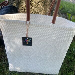 White Woven Tote Bag with Brown Handles